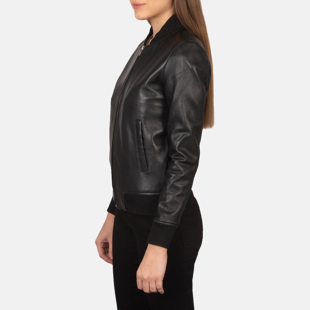 Womens Adin Black Leather Bomber Jacket - Genuine Leather 