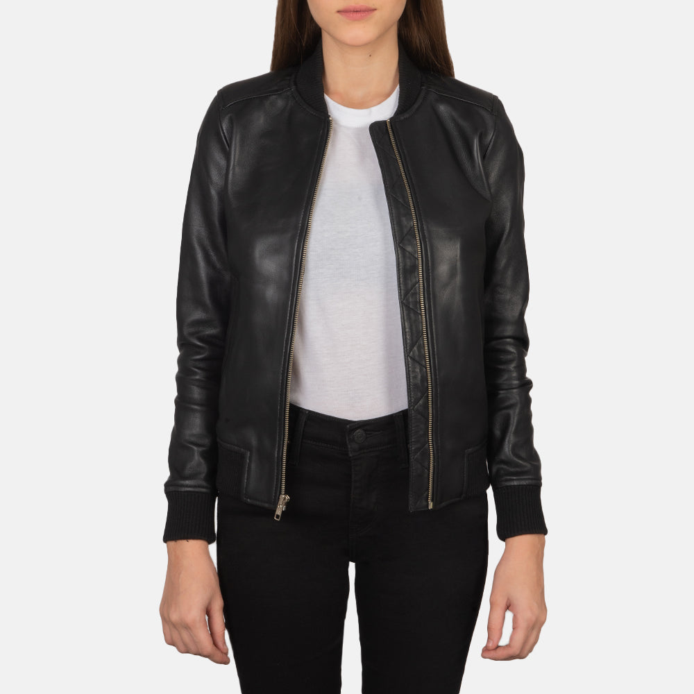 Womens Adin Black Leather Bomber Jacket - Genuine Leather 