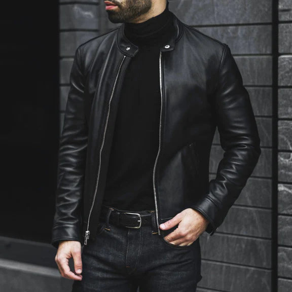 Mens Black Leather Cafe Racer Jacket - Tonybon