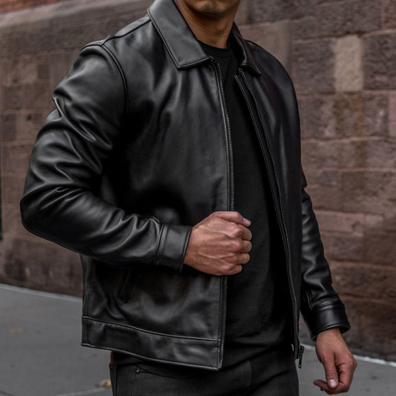 Black leather Jacket With Shirt Collar