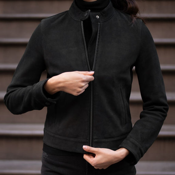 Black Women's Suede Leather Jacket - Racer Jackets