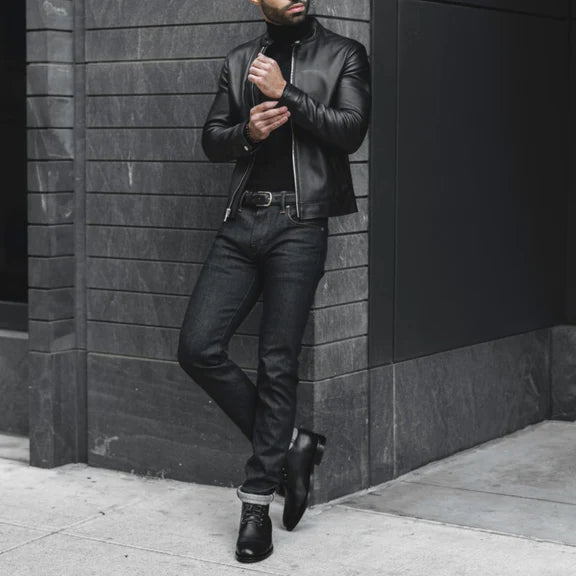 Mens Black Leather Cafe Racer Jacket - Tonybon