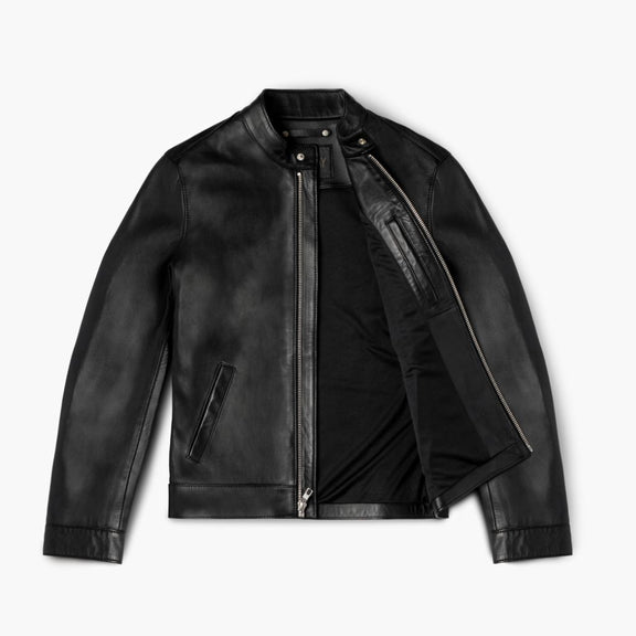 Mens Black Leather Cafe Racer Jacket - Tonybon