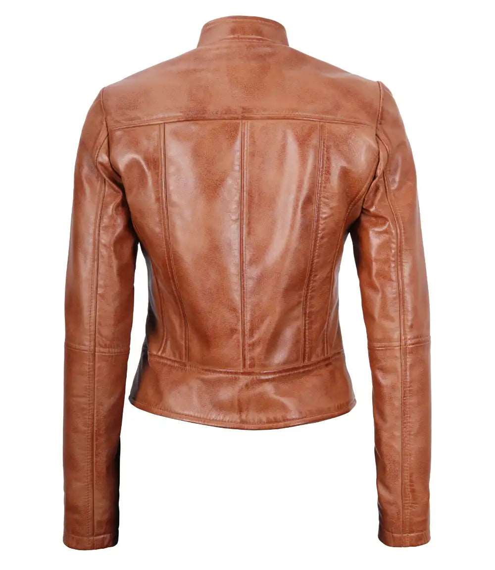 Amy Women's Tan Cafe Racer Premium Slim Fit Leather Jacket