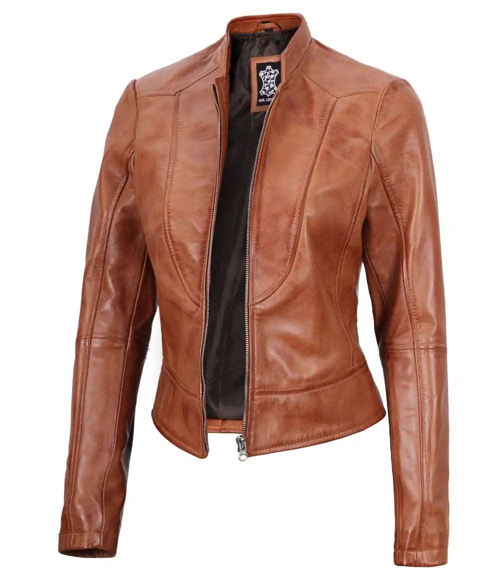 Amy Women's Tan Cafe Racer Premium Slim Fit Leather Jacket