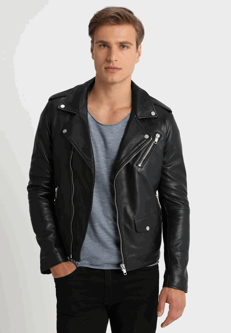 Black Leather biker jacket For Men's