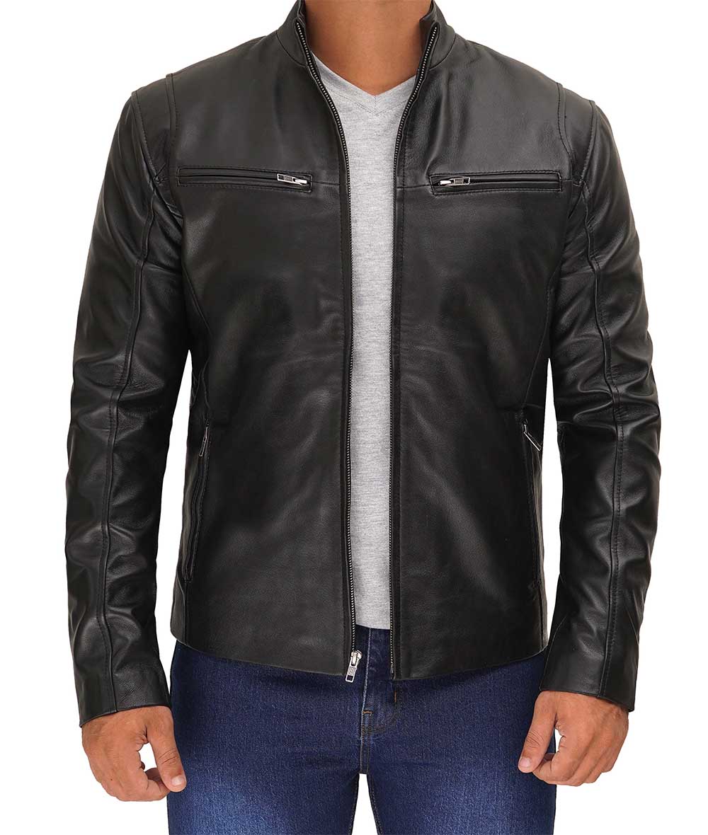 Mens Black Cafe Racer Leather Jacket With Premium Quality - Real Leather