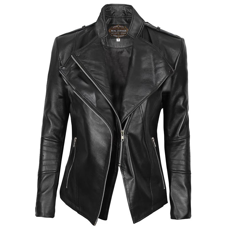 Black Slim Fit Moto Leather Jacket for Women