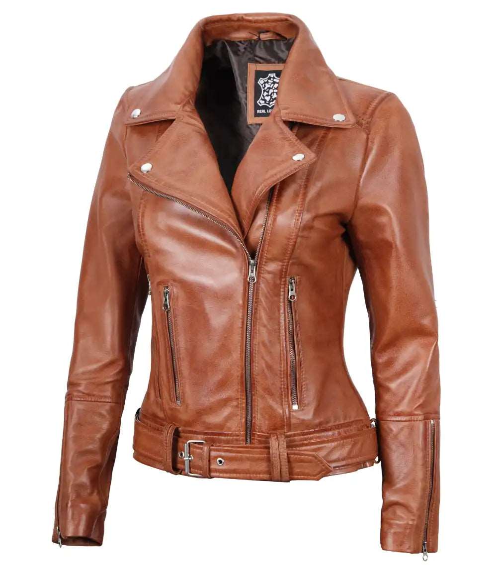 Brown Biker Leather Jacket For Women