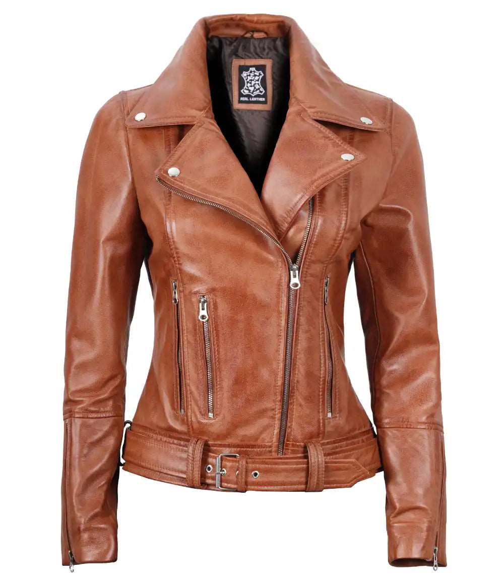 Brown Biker Leather Jacket For Women