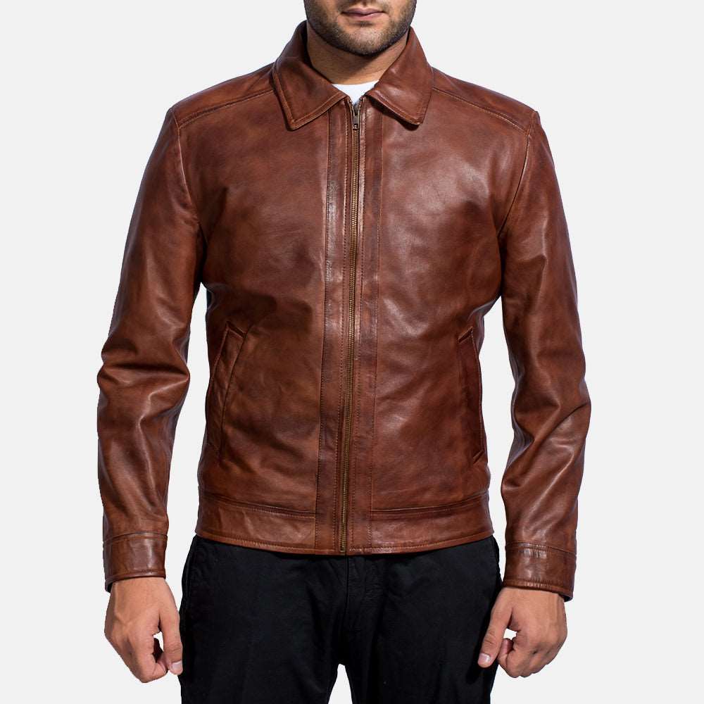 Men's Tall Shirt Collar Vintage Brown Leather jacket