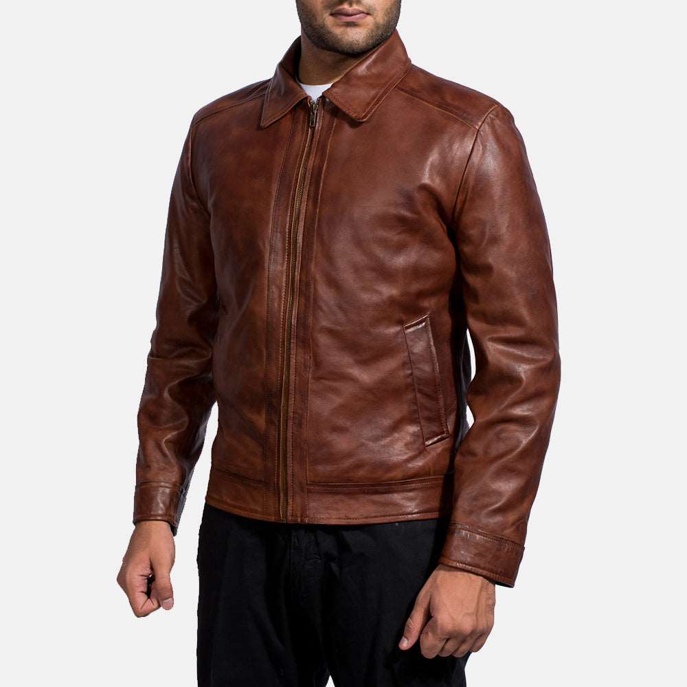 Men's Tall Shirt Collar Vintage Brown Leather jacket