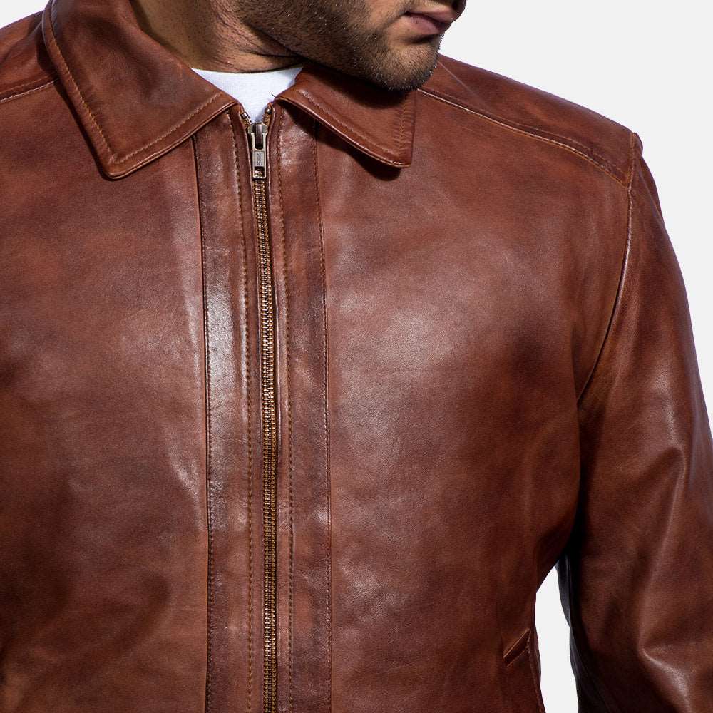 Men's Tall Shirt Collar Vintage Brown Leather jacket