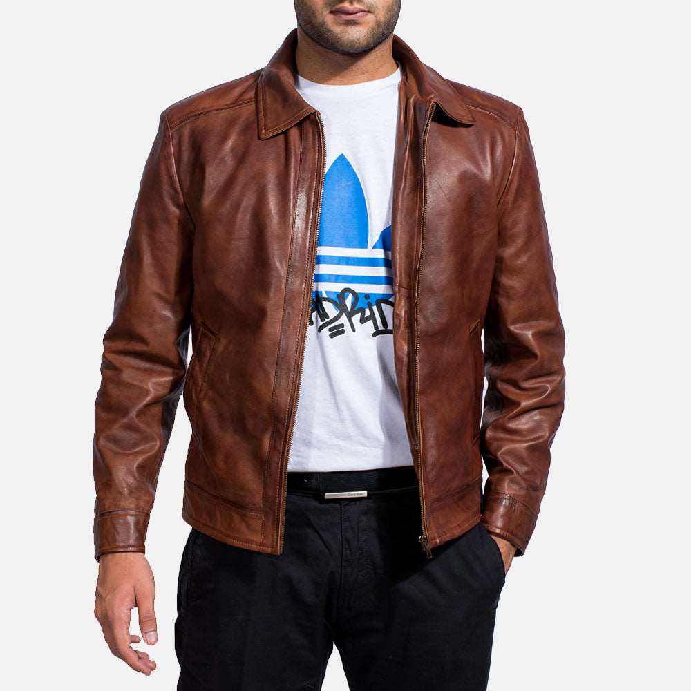 Men's Tall Shirt Collar Vintage Brown Leather jacket