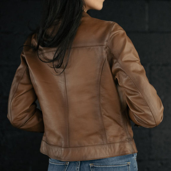 Brown Classic Collar Leather Jacket f6r Women