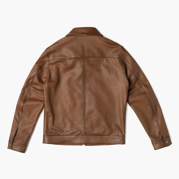 Classic Men's Brown Leather Jacket with Shirt Collar Tonybon