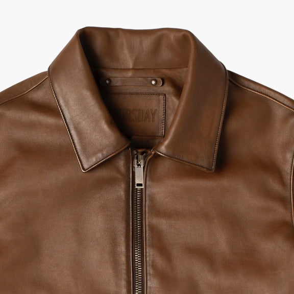 Classic Men's Brown Leather Jacket with Shirt Collar Tonybon