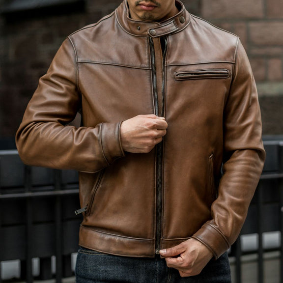 Dodge Men's Brown Leather Cafe Racer Jacket