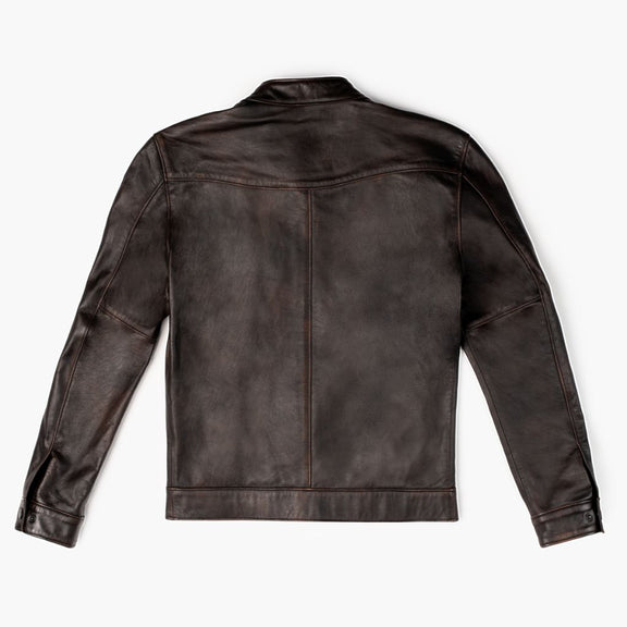 Dodge Mens Dark Brown Leather Cafe Racer Jacket with Wax shaded - Tonybon