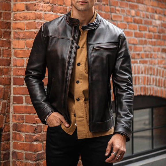 Dodge Mens Dark Brown Leather Cafe Racer Jacket with Wax shaded - Tonybon