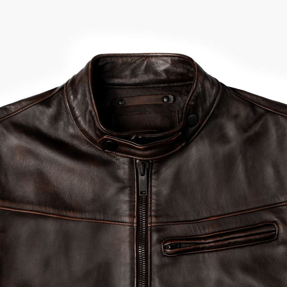 Dodge Mens Dark Brown Leather Cafe Racer Jacket with Wax shaded - Tonybon