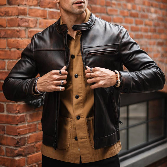 Dodge Mens Dark Brown Leather Cafe Racer Jacket with Wax shaded - Tonybon