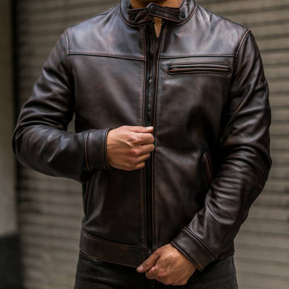 Dodge Mens Dark Brown Leather Cafe Racer Jacket with Wax shaded - Tonybon