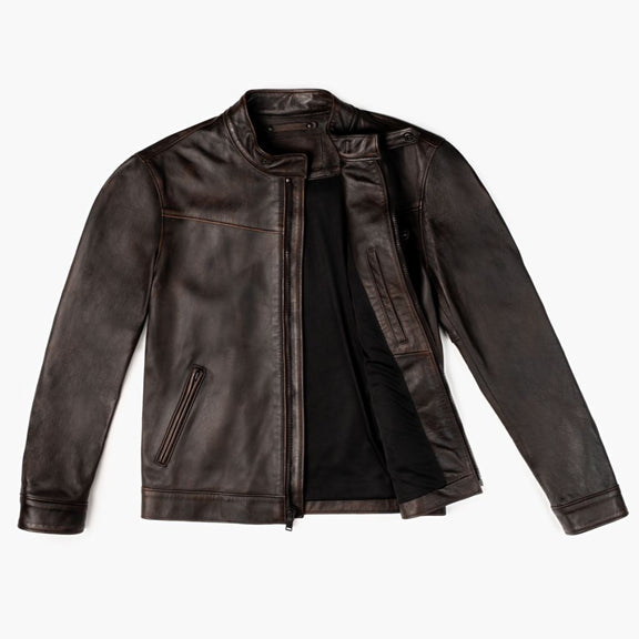 Dodge Mens Dark Brown Leather Cafe Racer Jacket with Wax shaded - Tonybon