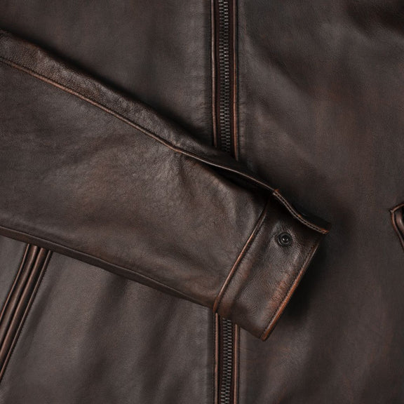 Dodge Mens Dark Brown Leather Cafe Racer Jacket with Wax shaded - Tonybon