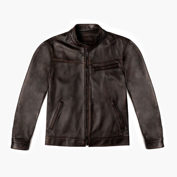 Dodge Mens Dark Brown Leather Cafe Racer Jacket with Wax shaded - Tonybon