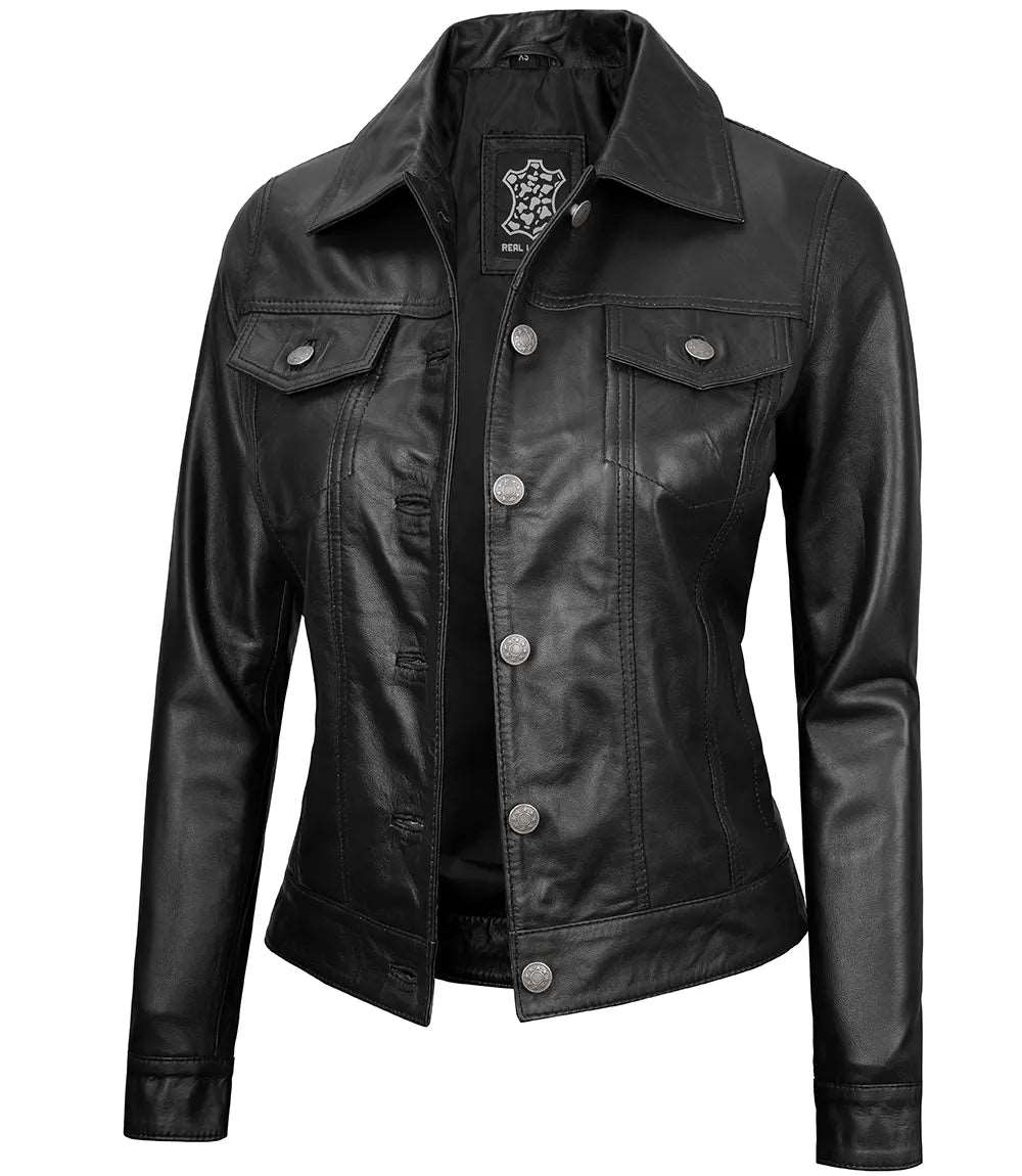 Fernando Women Black Leather Trucker Jacket women's leather trucker jacket, black leather trucker jacket, stylish women's jacket, premium leather outerwear, classic trucker jacket, modern women's jacket, durable leather jacket, high-quality trucker jacket, versatile women's jacket, comfortable leather jacket