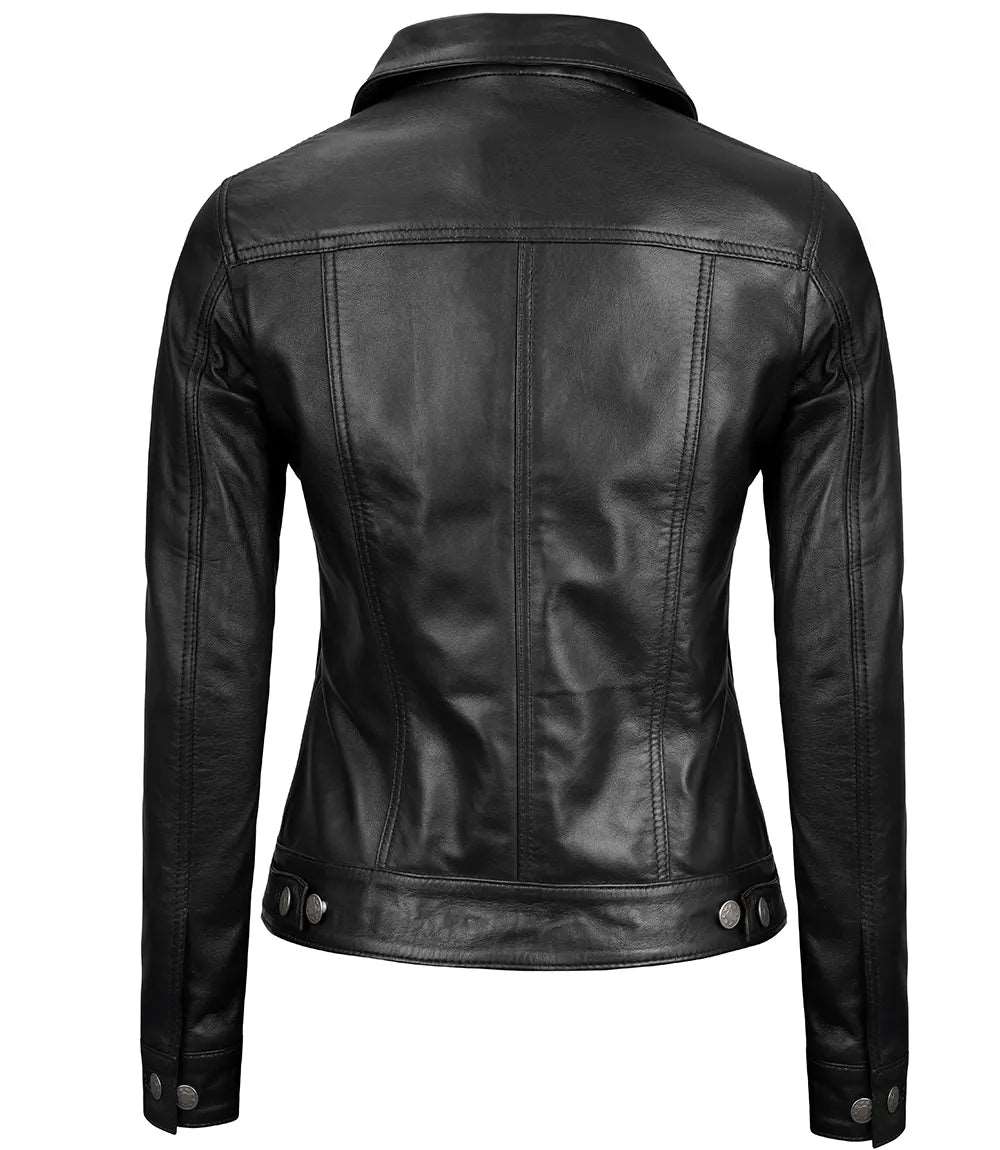 Fernando Women Black Leather Trucker Jacket women's leather trucker jacket, black leather trucker jacket, stylish women's jacket, premium leather outerwear, classic trucker jacket, modern women's jacket, durable leather jacket, high-quality trucker jacket, versatile women's jacket, comfortable leather jacket