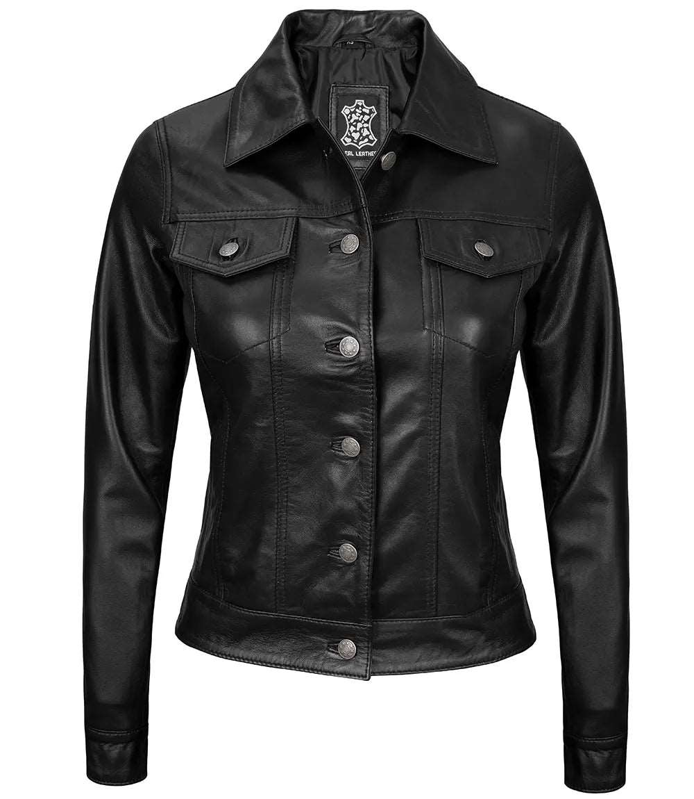 Fernando Women Black Leather Trucker Jacket women's leather trucker jacket, black leather trucker jacket, stylish women's jacket, premium leather outerwear, classic trucker jacket, modern women's jacket, durable leather jacket, high-quality trucker jacket, versatile women's jacket, comfortable leather jacket