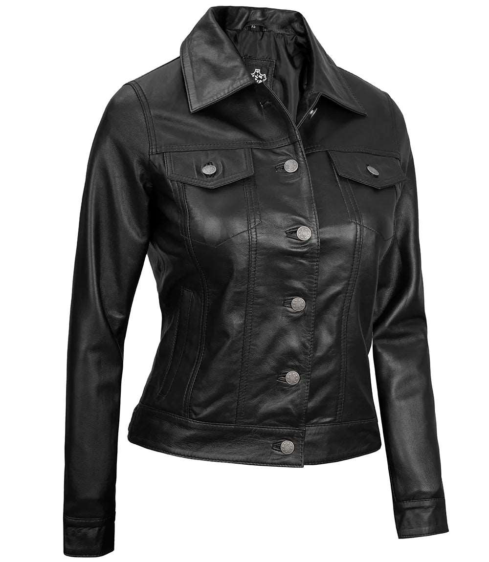 Fernando Women Black Leather Trucker Jacket women's leather trucker jacket, black leather trucker jacket, stylish women's jacket, premium leather outerwear, classic trucker jacket, modern women's jacket, durable leather jacket, high-quality trucker jacket, versatile women's jacket, comfortable leather jacket