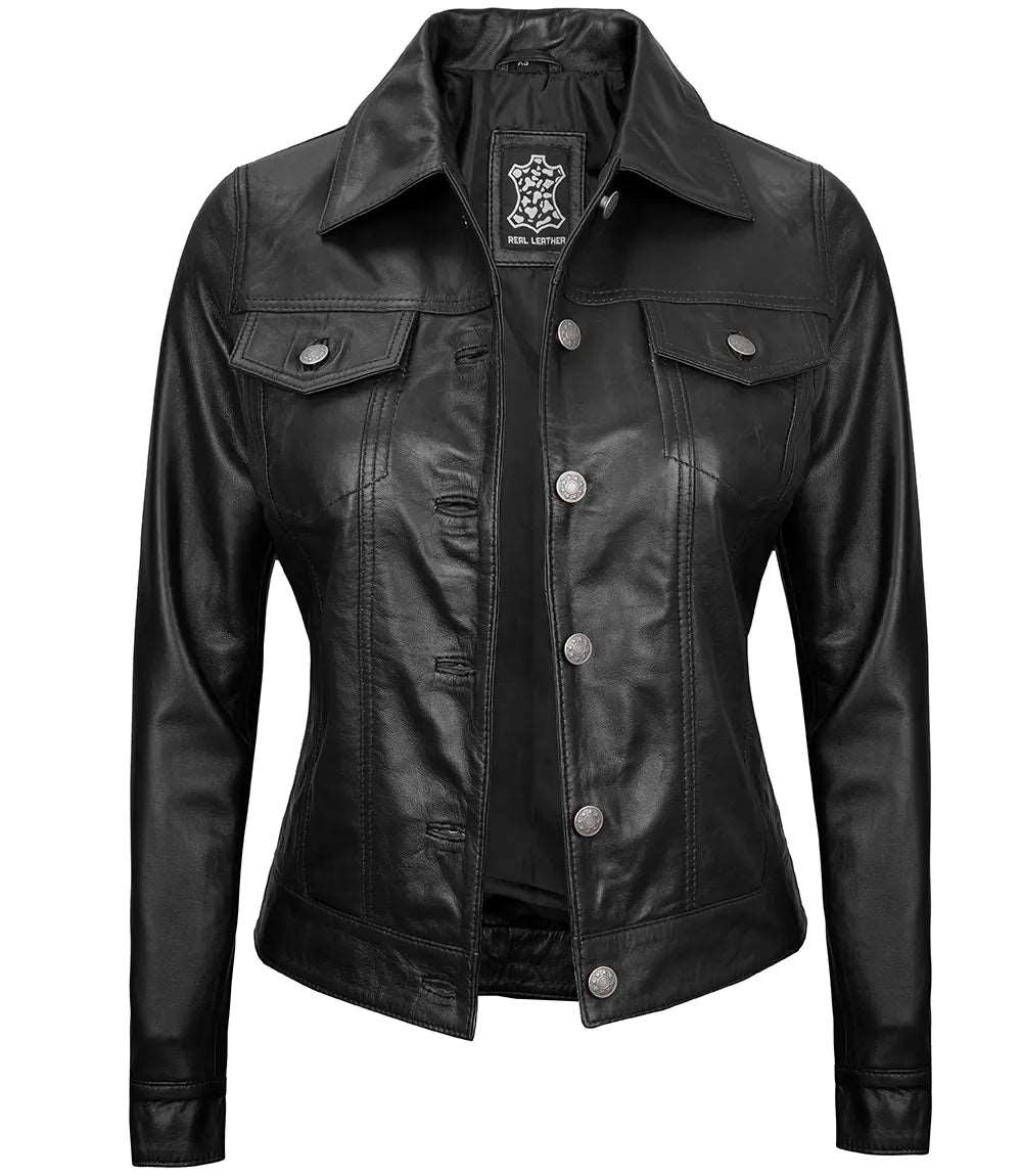 Fernando Women Black Leather Trucker Jacket women's leather trucker jacket, black leather trucker jacket, stylish women's jacket, premium leather outerwear, classic trucker jacket, modern women's jacket, durable leather jacket, high-quality trucker jacket, versatile women's jacket, comfortable leather jacket