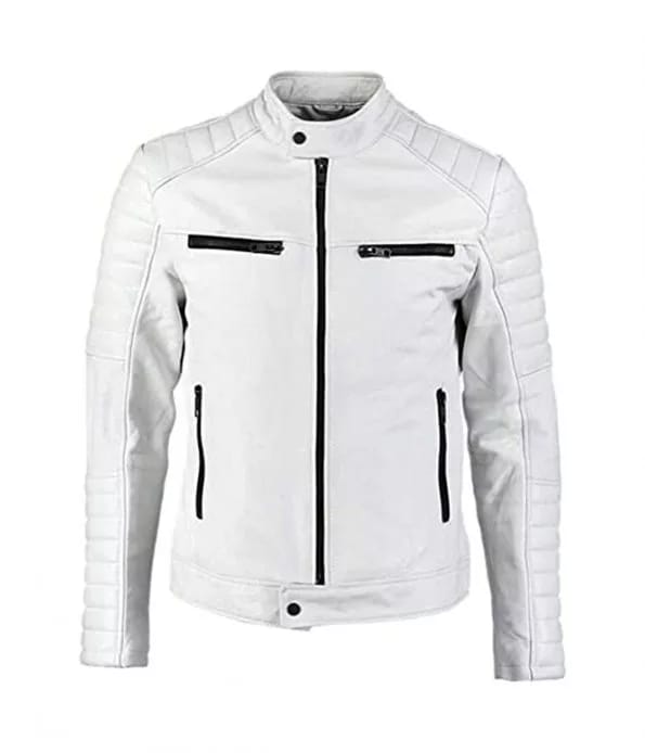 White Leather Jacket For mens - Racer Jacket