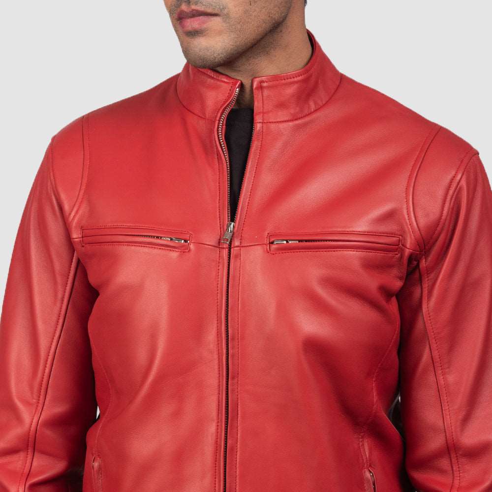 The Ionic Red Leather Racer Jacket for Men - red leather biker jacket