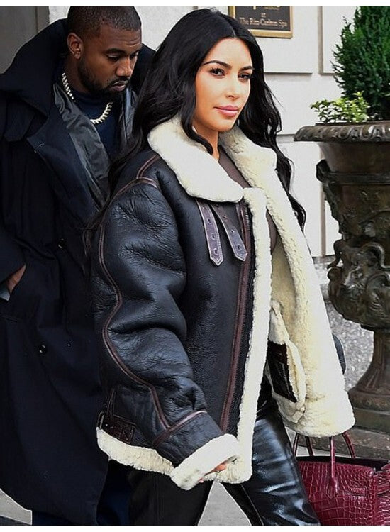 Kim Kardashian shearling jacket, black shearling leather jacket, celebrity-inspired leather jackets, oversized shearling coat, women’s fashion jackets, Kim Kardashian style jacket, luxury winter leather jacket, plush shearling lined jackets.