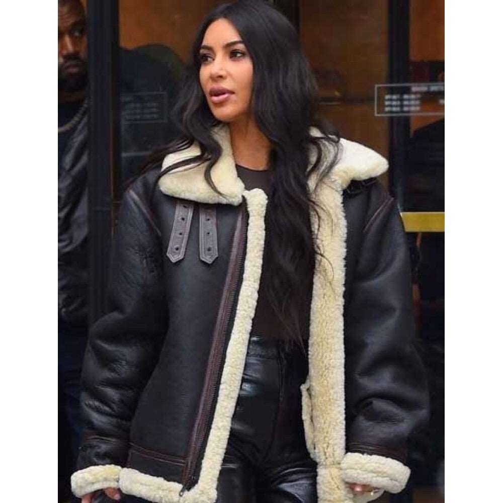 Kim Kardashian shearling jacket, black shearling leather jacket, celebrity-inspired leather jackets, oversized shearling coat, women’s fashion jackets, Kim Kardashian style jacket, luxury winter leather jacket, plush shearling lined jackets.