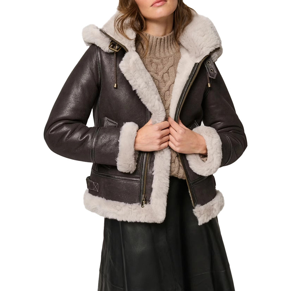 women's leather aviator jacket, shearling jacket, brown leather jacket, winter leather jacket for women, stylish aviator jacket, genuine leather shearling coat, women's fashion, luxury leather jackets, aviator shearling jacket, warm winter jacket.