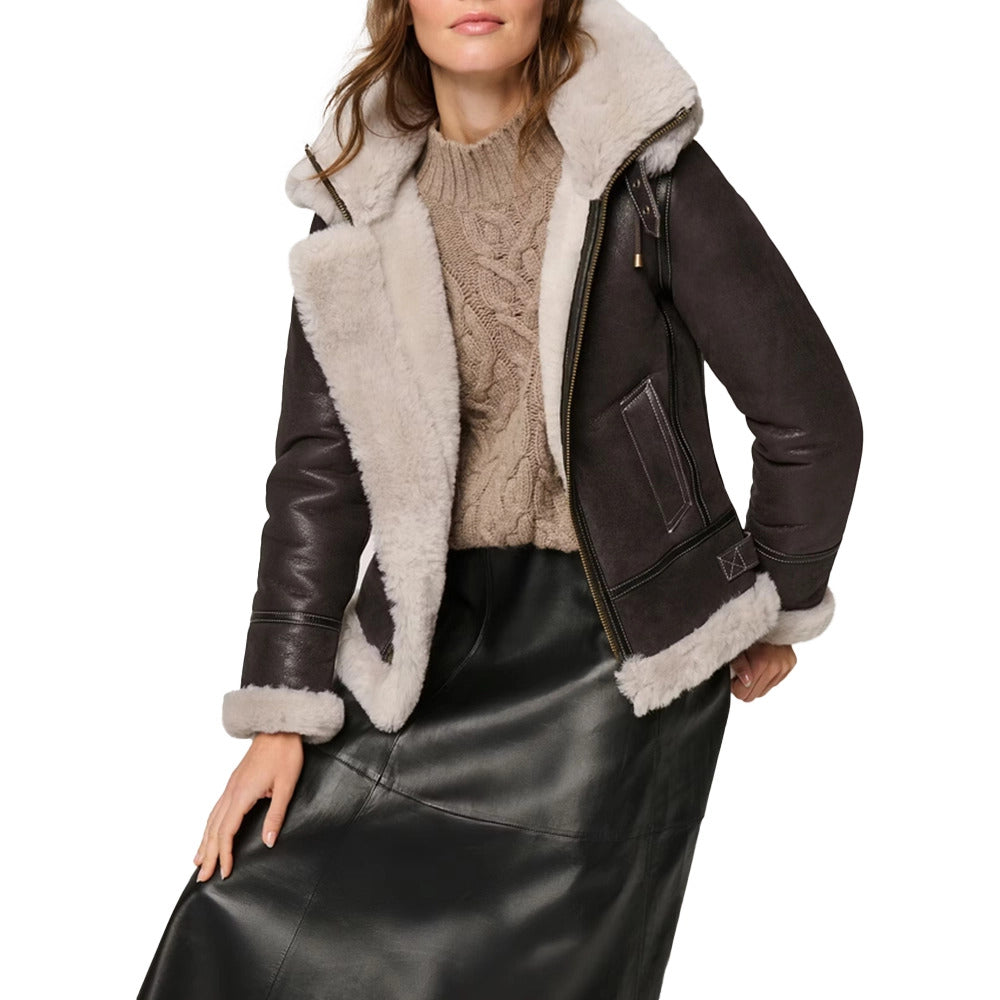 women's leather aviator jacket, shearling jacket, brown leather jacket, winter leather jacket for women, stylish aviator jacket, genuine leather shearling coat, women's fashion, luxury leather jackets, aviator shearling jacket, warm winter jacket.