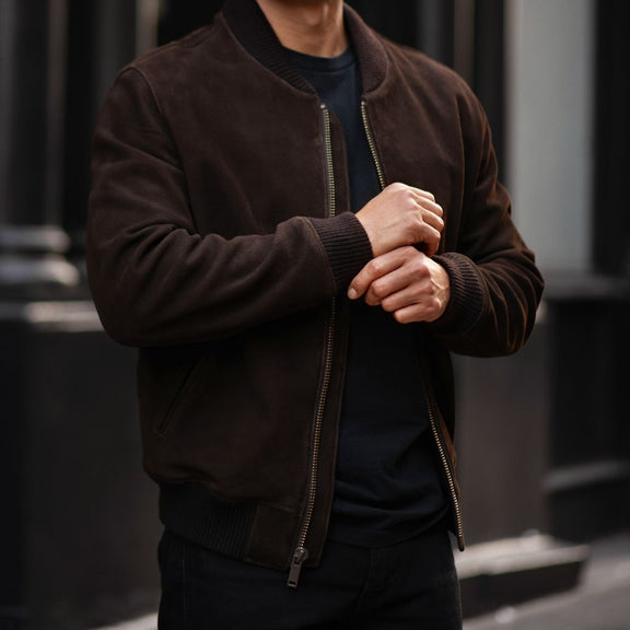 Men's Bomber Style Dark Brown Buffalo Leather Jacket - Premium Quality & Stitching
