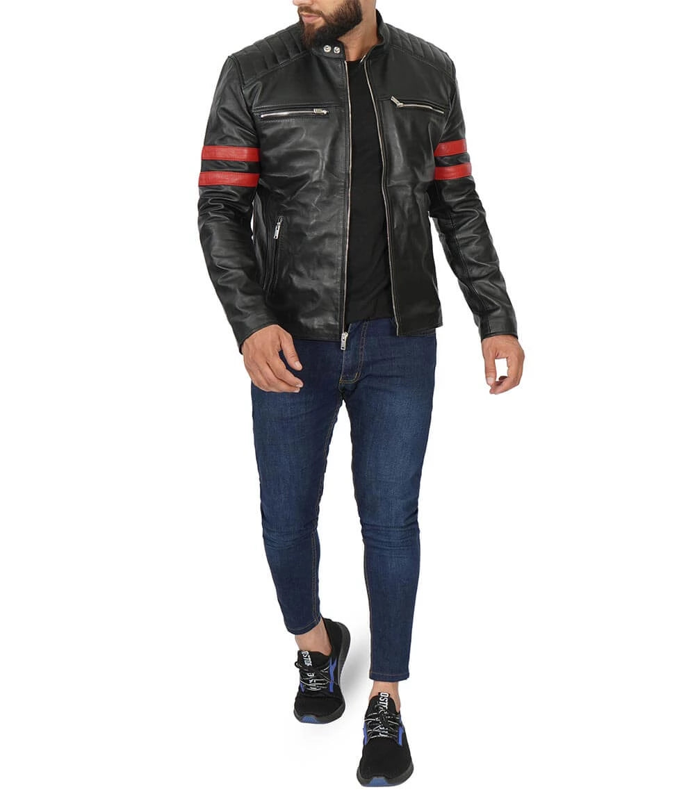 Men's Cafe Racer Black Leather Jacket with Red Stripes