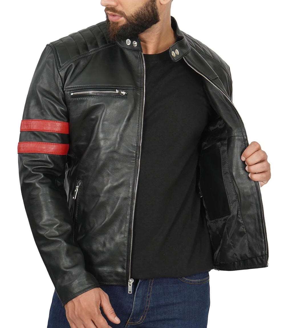 Men's Cafe Racer Black Leather Jacket with Red Stripes