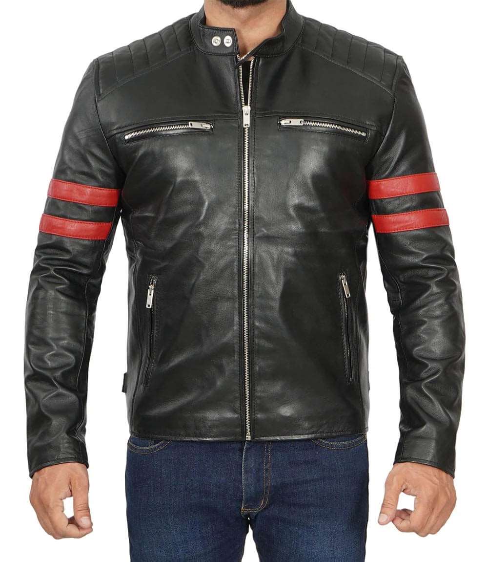 Men's Cafe Racer Black Leather Jacket with Red Stripes