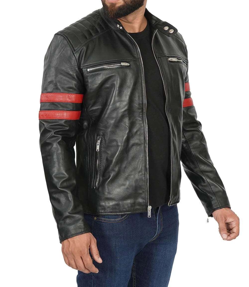 Men's Cafe Racer Black Leather Jacket with Red Stripes