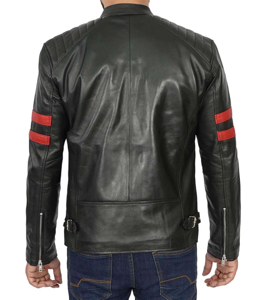 Men's Cafe Racer Black Leather Jacket with Red Stripes