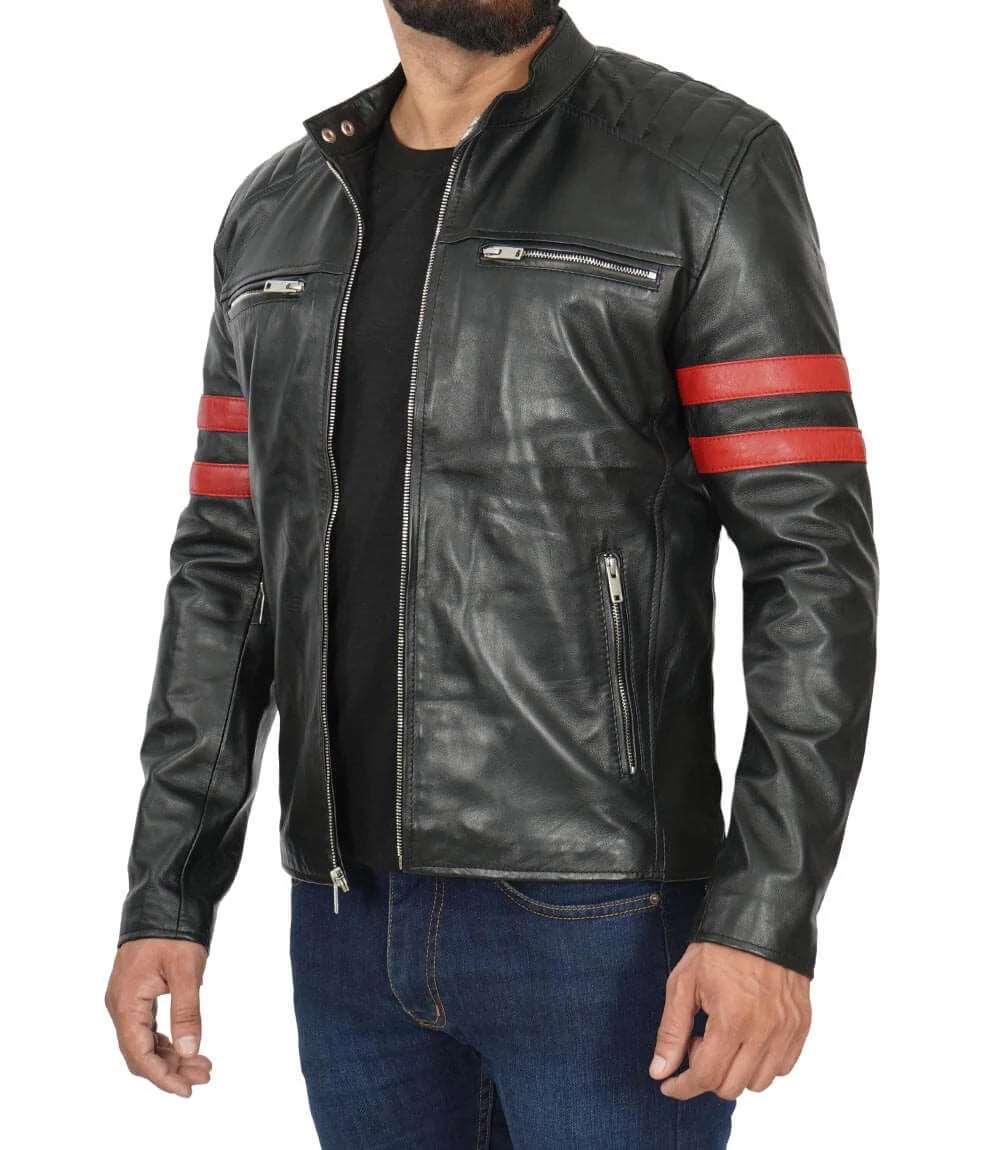 Men's Cafe Racer Black Leather Jacket with Red Stripes