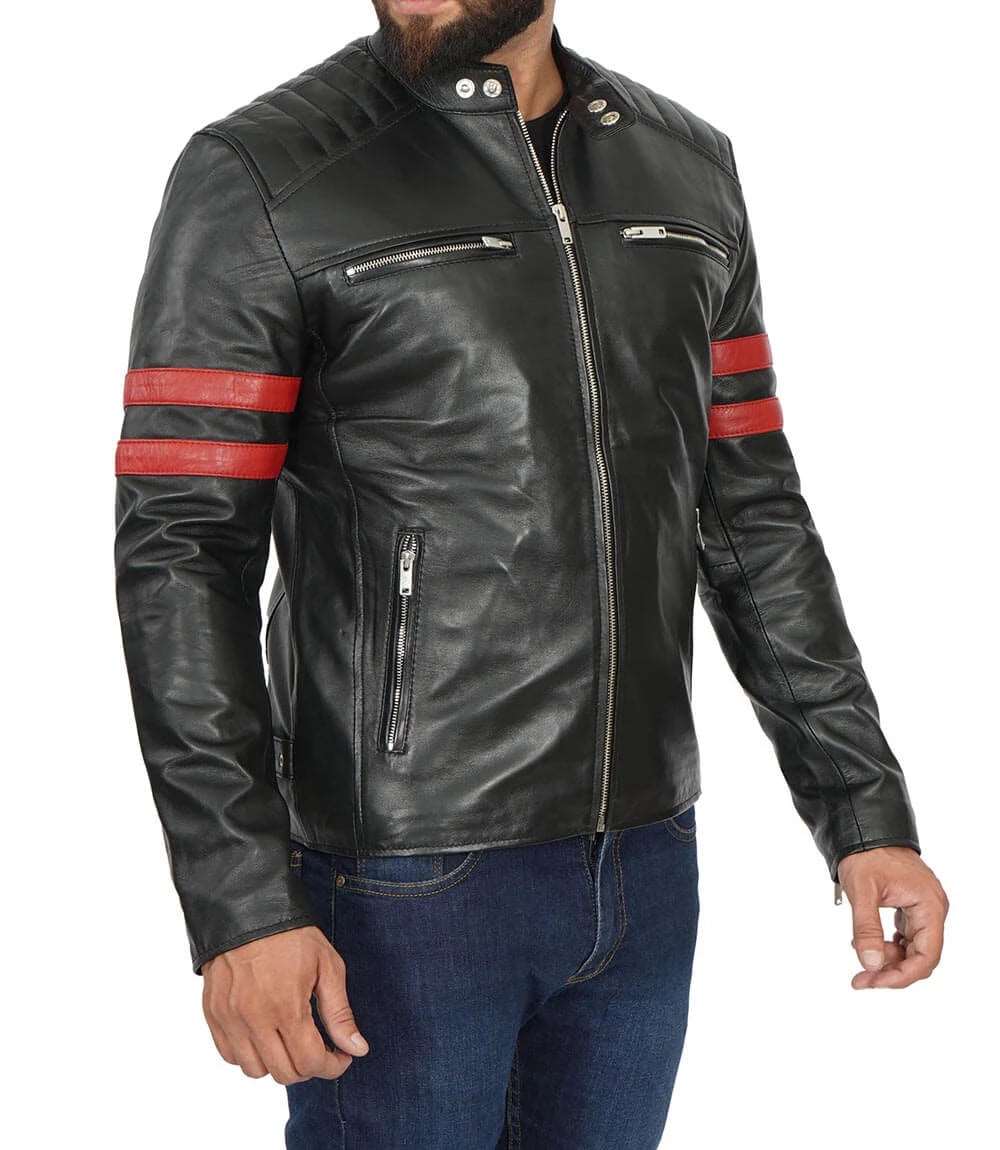 Men's Cafe Racer Black Leather Jacket with Red Stripes