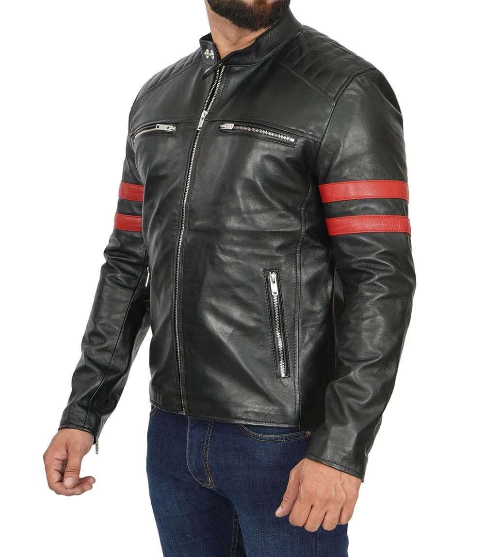 Men's Cafe Racer Black Leather Jacket with Red Stripes